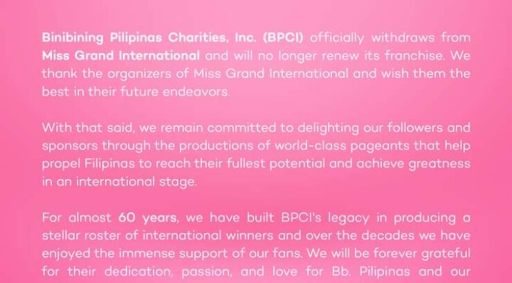 Binibining Pilipinas withdraws from Miss Grand International