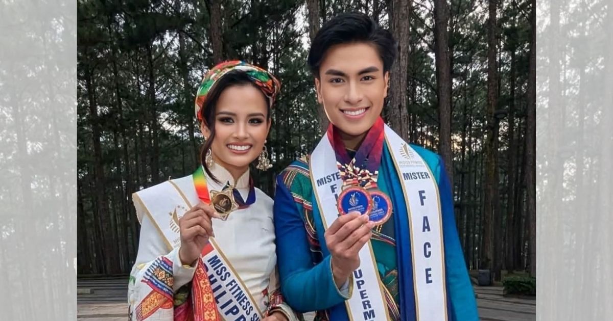 Jacob Gomez and Stephanie Elmission show off their medals during Fitness Supermodel World 2026 preliminaries