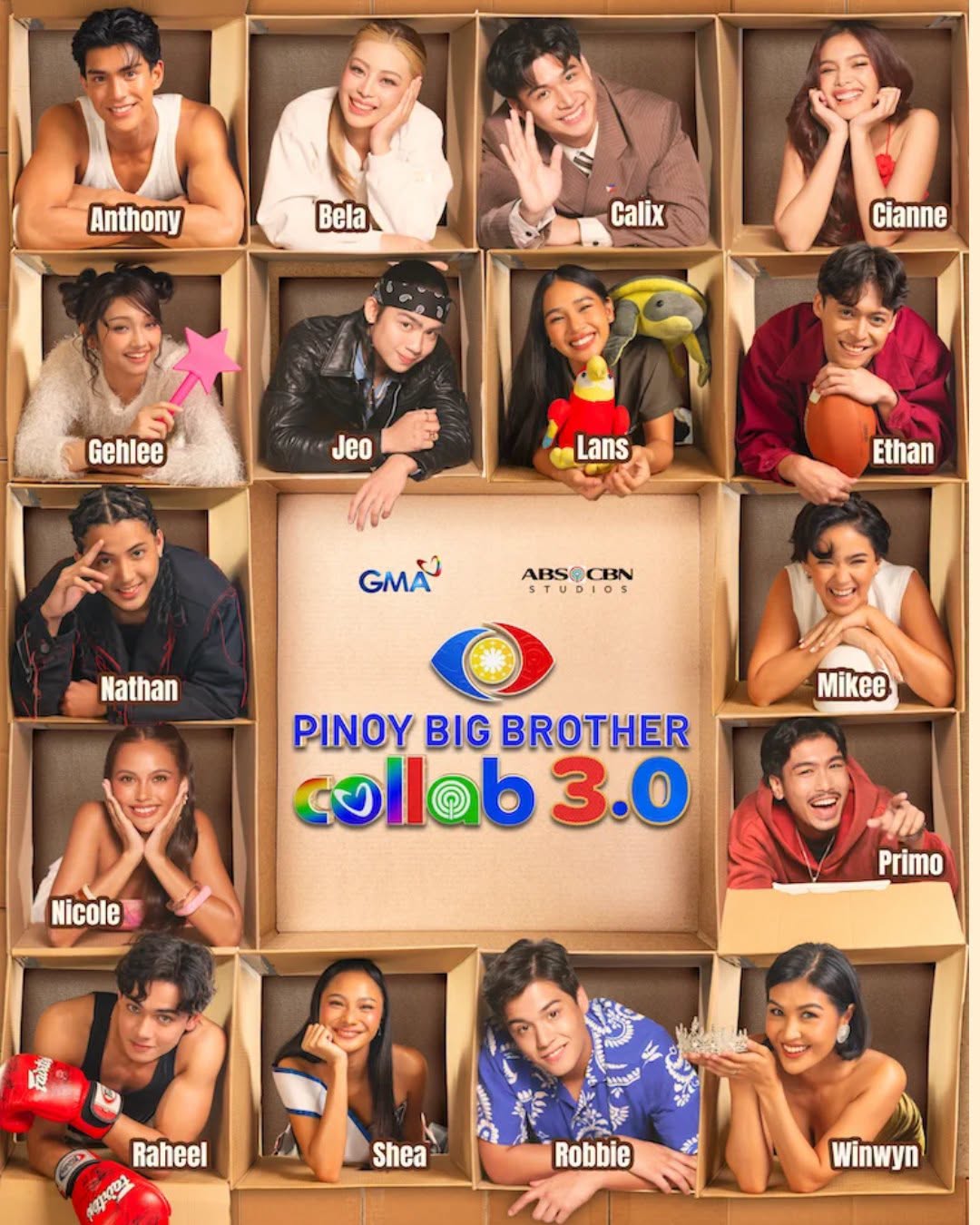 Portrait collage of the 16 PBB Collab 3.0 housemates arranged around the show logo.