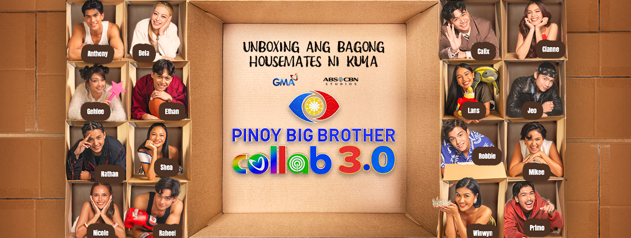 PBB Collab 3.0 housemates surrounding the show logo in a cardboard-box themed banner.